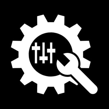 Trailer Hire Brisbane - White gear, wrench, and cross symbols on a black background