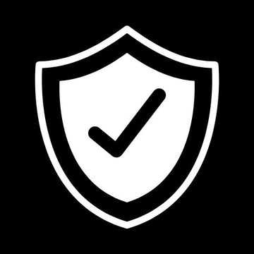 White shield icon with a black check mark on a black background
