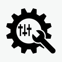 Black gear with a wrench and cross symbols on a white background