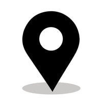Black location icon on a white background