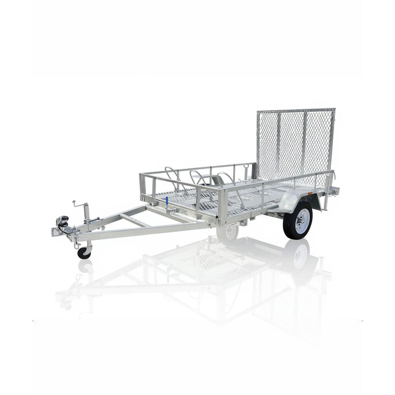 Metal trailer with a mesh cage on a white background