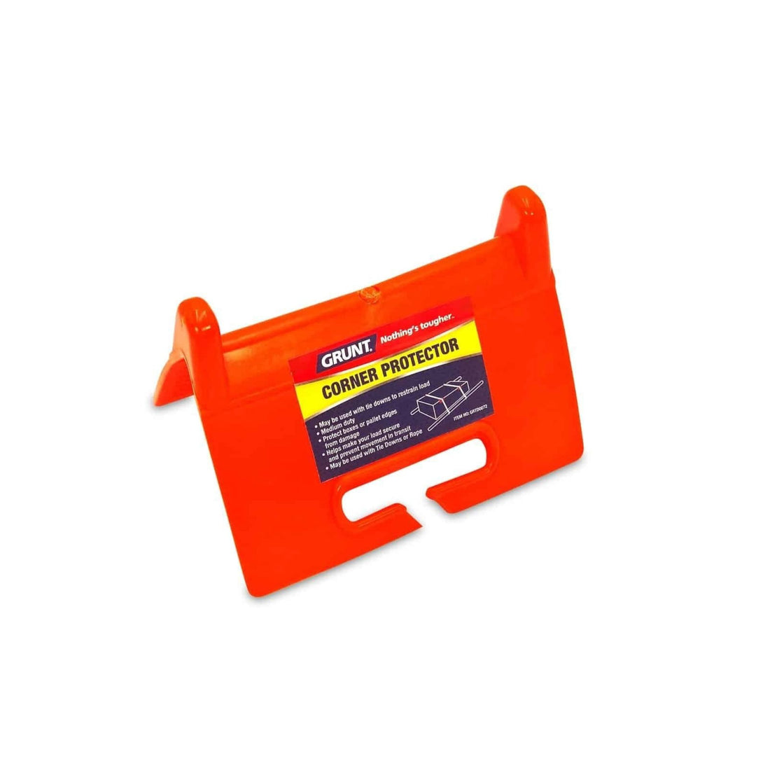 Orange corner protector with a label on a white background - Grunt Open Edge Corner Tie Down Protector