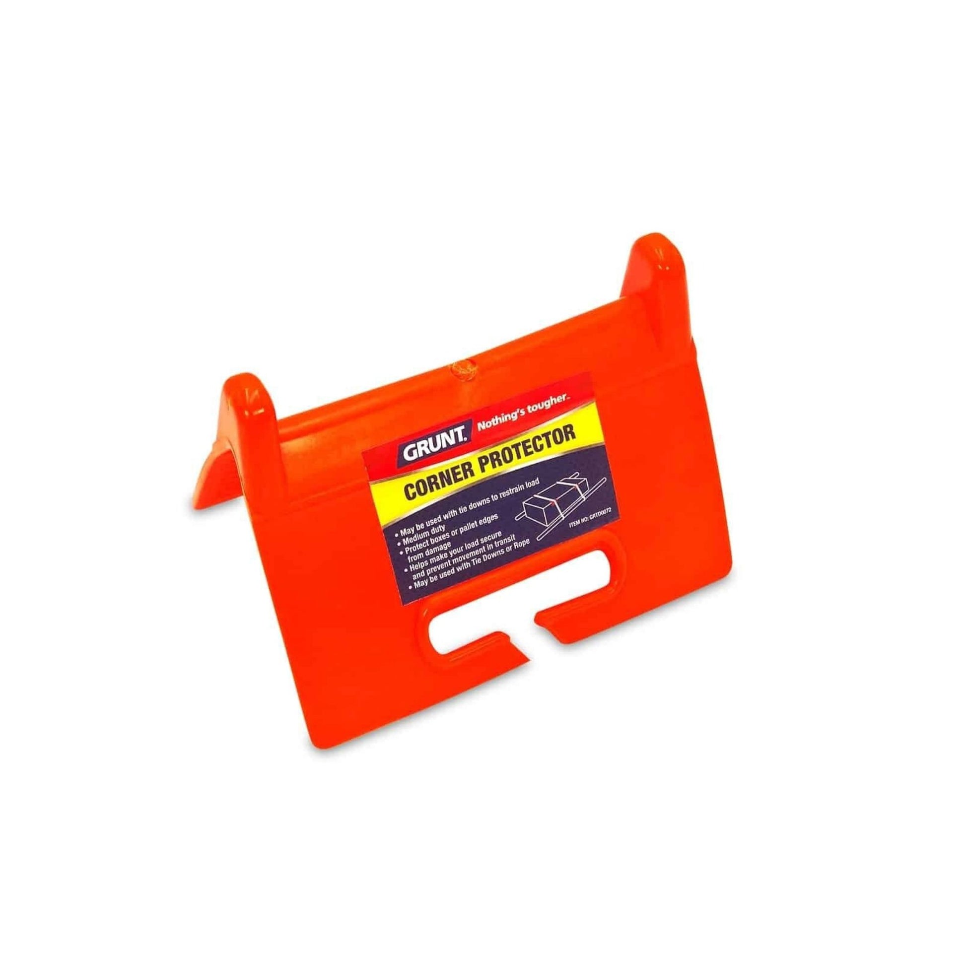 Orange corner protector with a label on a white background - Grunt Open Edge Corner Tie Down Protector