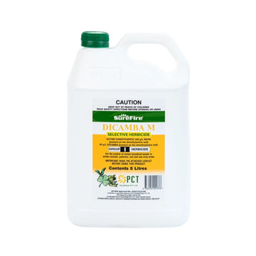 White herbicide container with green cap and label on a white background - Surefire DICAMBA M Selective Herbicide / per ml
