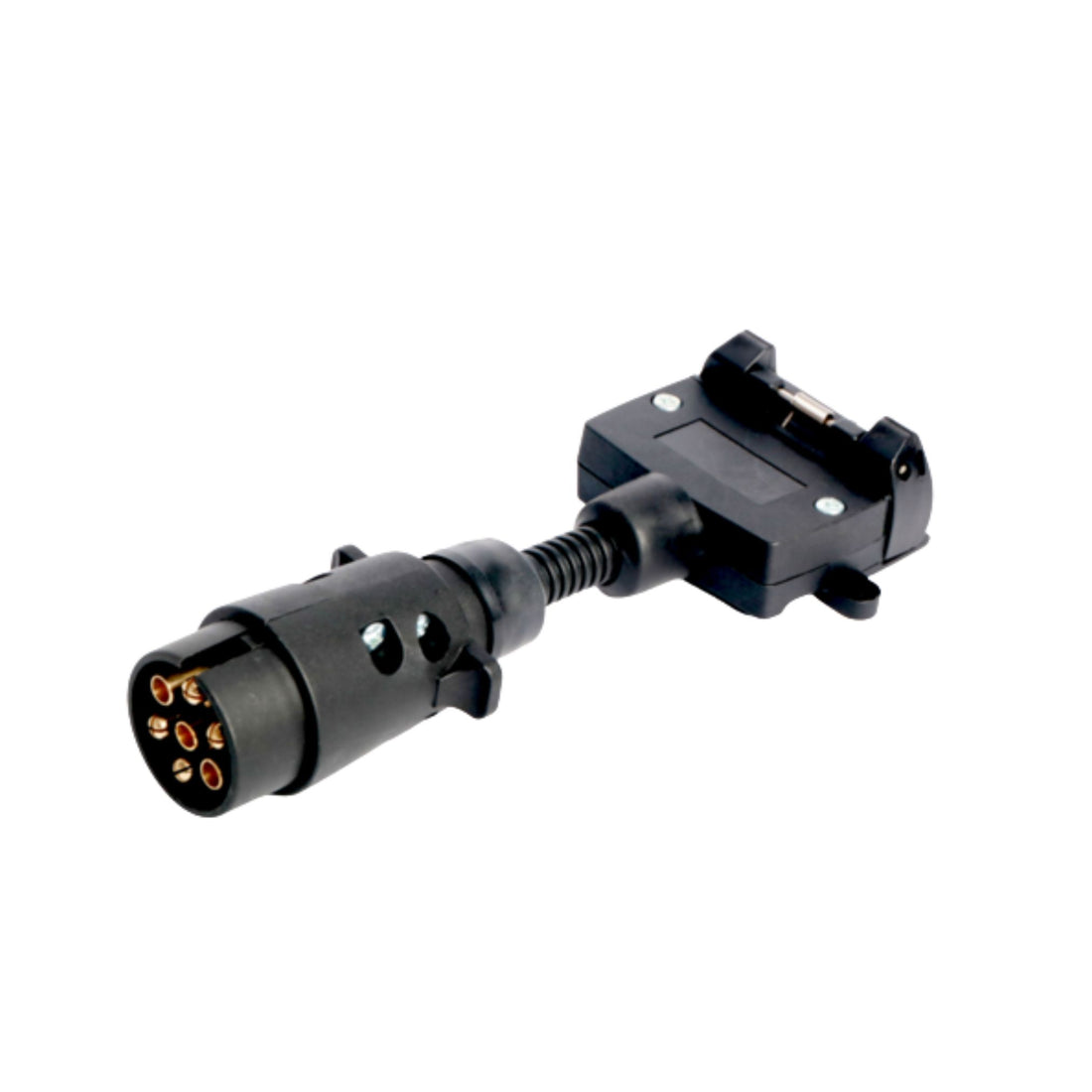 Black vehicle trailer connector on a white background - 7 Pin Flat (Trailer) to 7 Pin Round Large Female (Car)