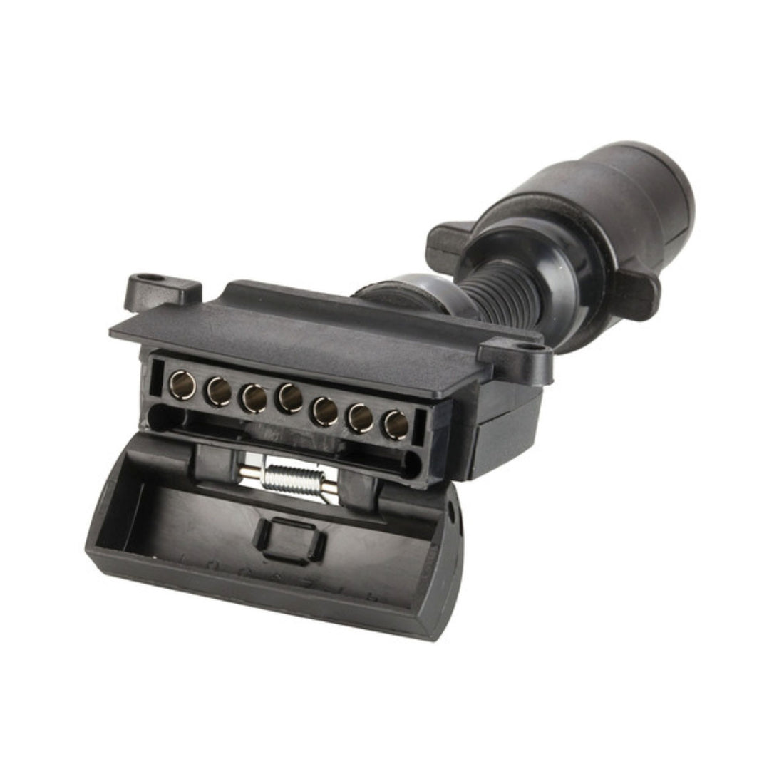 Black vacuum attachment on a white background - 7 Pin Flat to 7 Pin Round Small Female adapter.