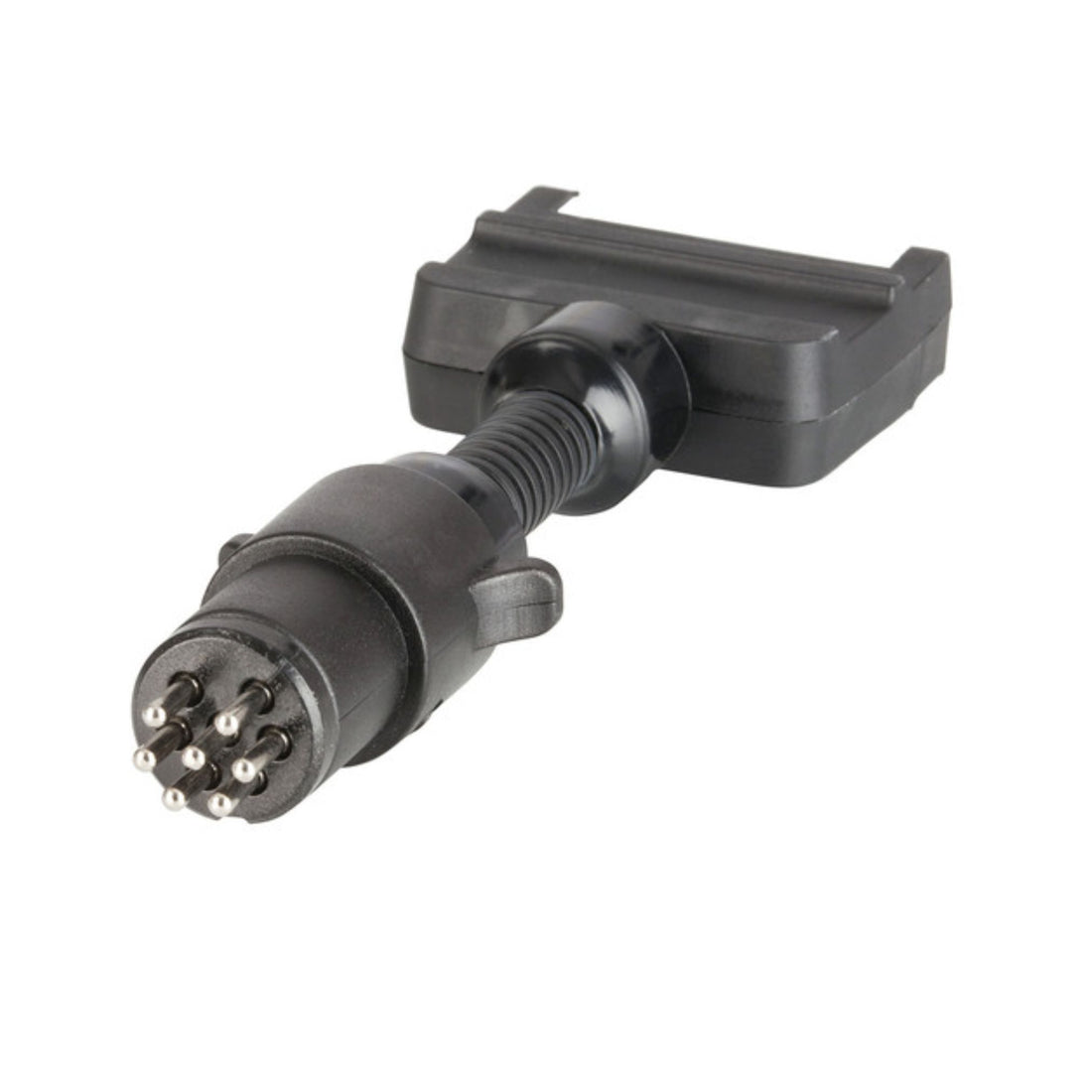 Black vehicle trailer plug on a white background - 7 Pin Flat (Trailer) to 7 Pin Round Small Male (Car)