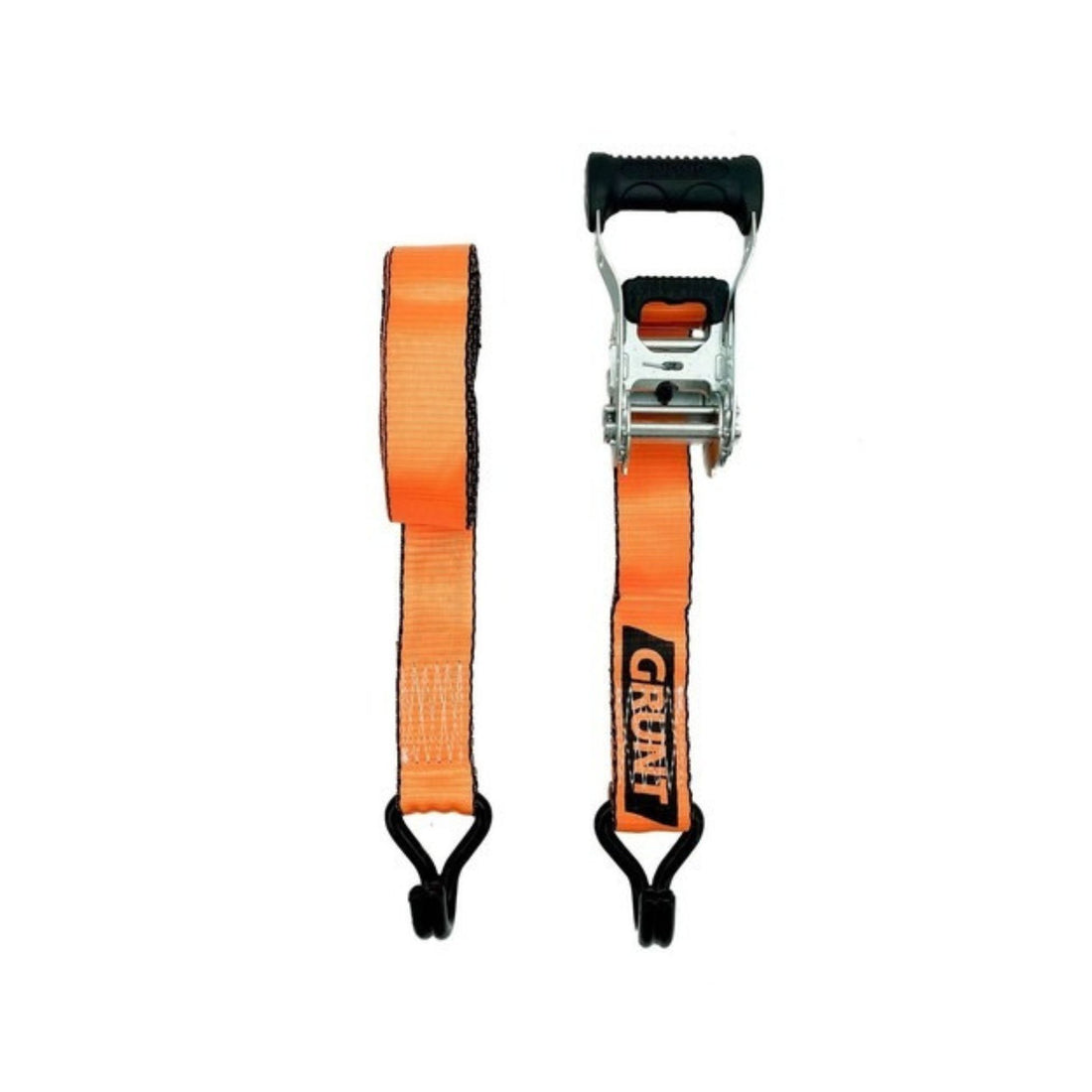 Orange ratchet strap with black buckles on a white background - 680kg GRUNT 38mm x 5m Ratchet Tie Down