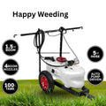Weed control machine with specifications on a grassy background - 100L Weed Spray/Fertiliser Trailer