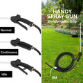 Handy spray gun with different modes and a coiled hose on a grassy background. 100L Weed Spray/Fertiliser Trailer