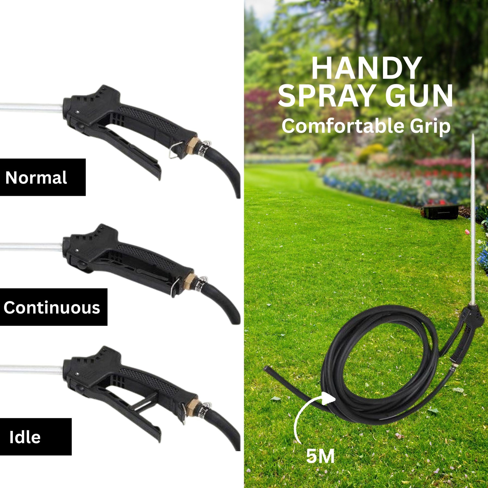Handy spray gun with different modes and a coiled hose on a grassy background. 100L Weed Spray/Fertiliser Trailer