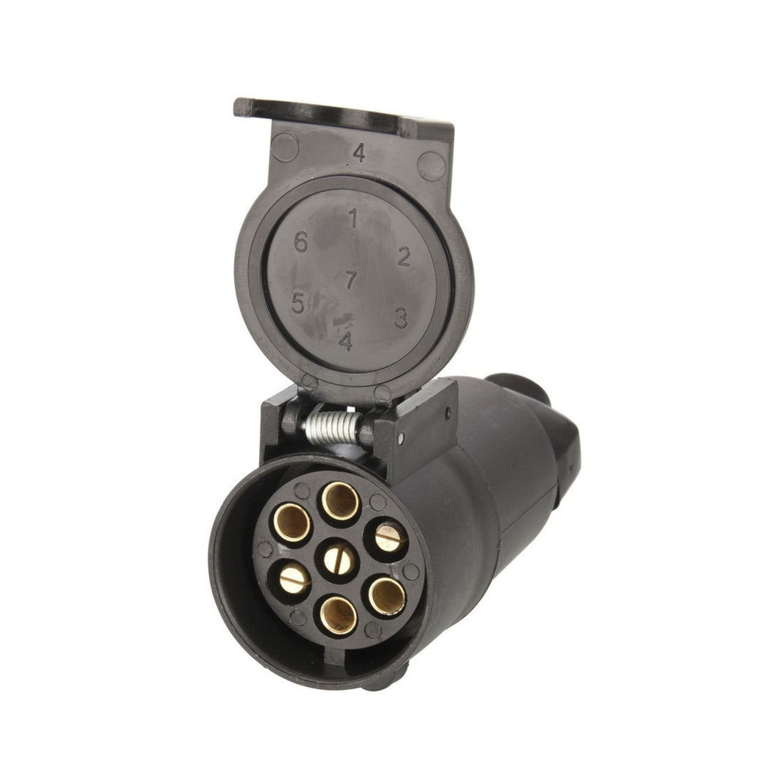 Black electrical connector with numbered ports on a white  background - 7 Pin Flat (Trailer) to 7 Pin Large Round Male (Car)