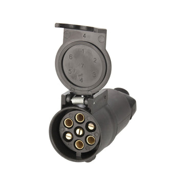 Black electrical connector with numbered ports on a white  background - 7 Pin Flat (Trailer) to 7 Pin Large Round Male (Car)