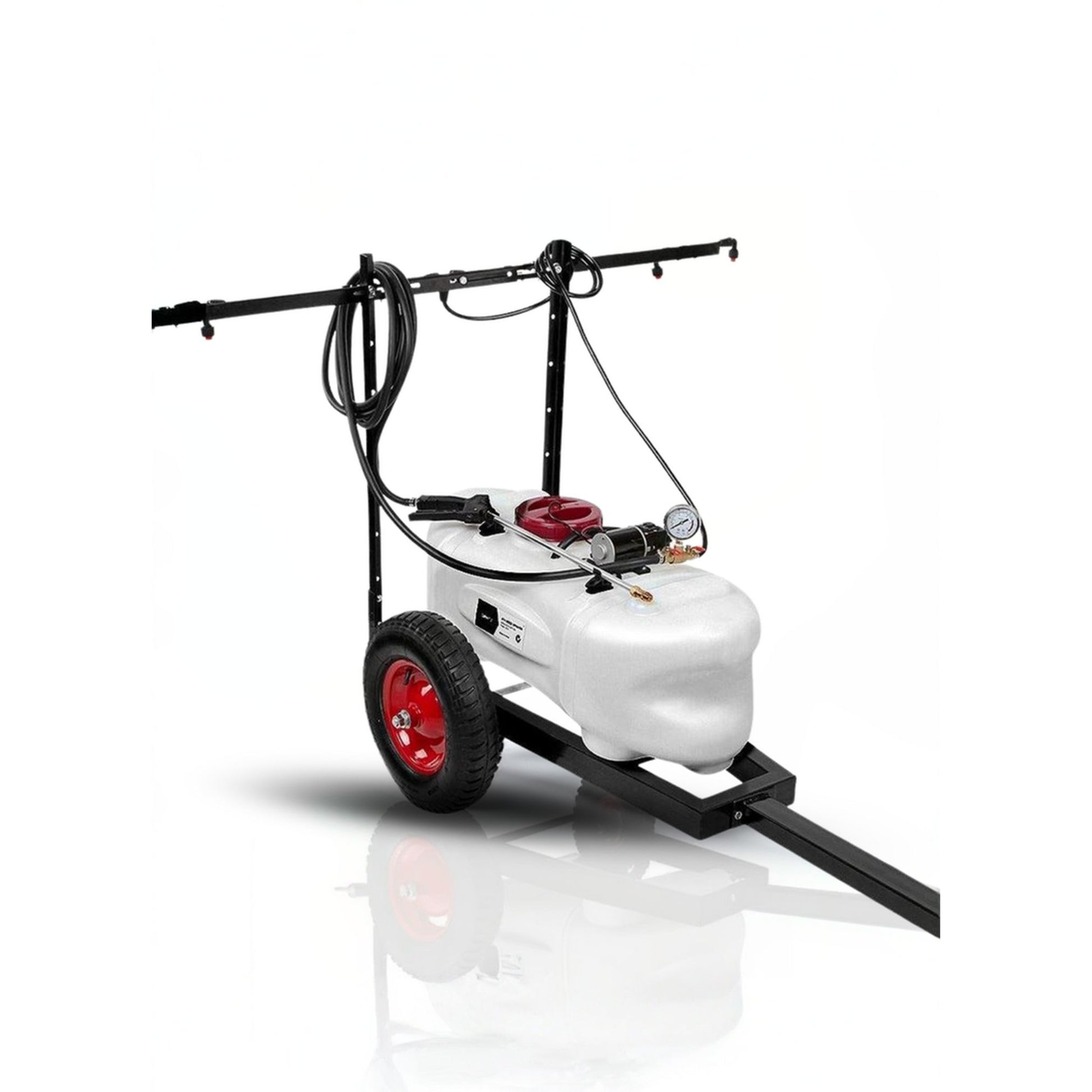 Spray Trailer: White pressure washer with black cart and red wheels on a white background
