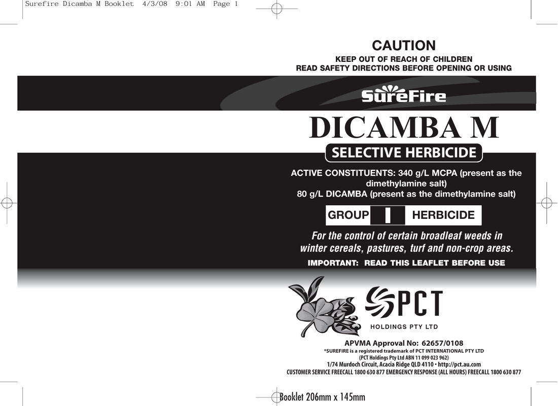 White herbicide container with green cap and label on a white background - Surefire DICAMBA M Selective Herbicide / per ml