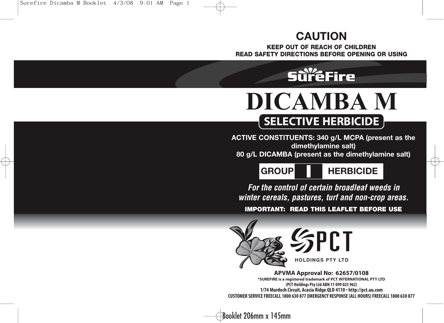 Dicamba herbicide label with SureFire branding and safety warnings.