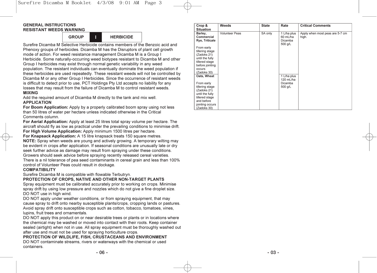 Technical document with text and tables on a white background - Surefire DICAMBA M Selective Herbicide / per ml