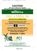 SureFire Dicamba M herbicide label with safety warnings and product details.