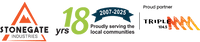 Stonegate Industries logo with 18 years of service text and Triple 104.3 logo.