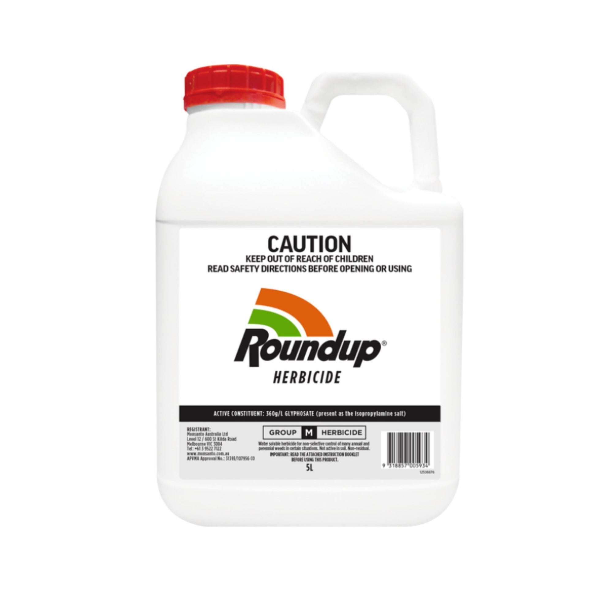 Roundup herbicide container with red cap on a white background