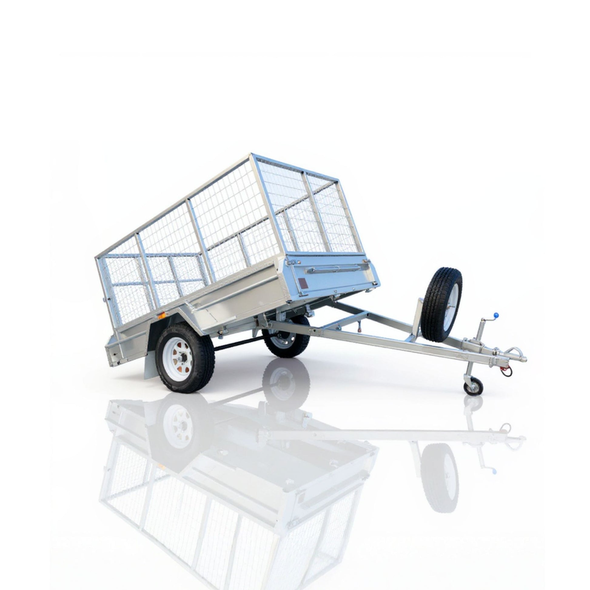 cage trailer hire Brisbane​ - Small trailer with a metal cage on a white background