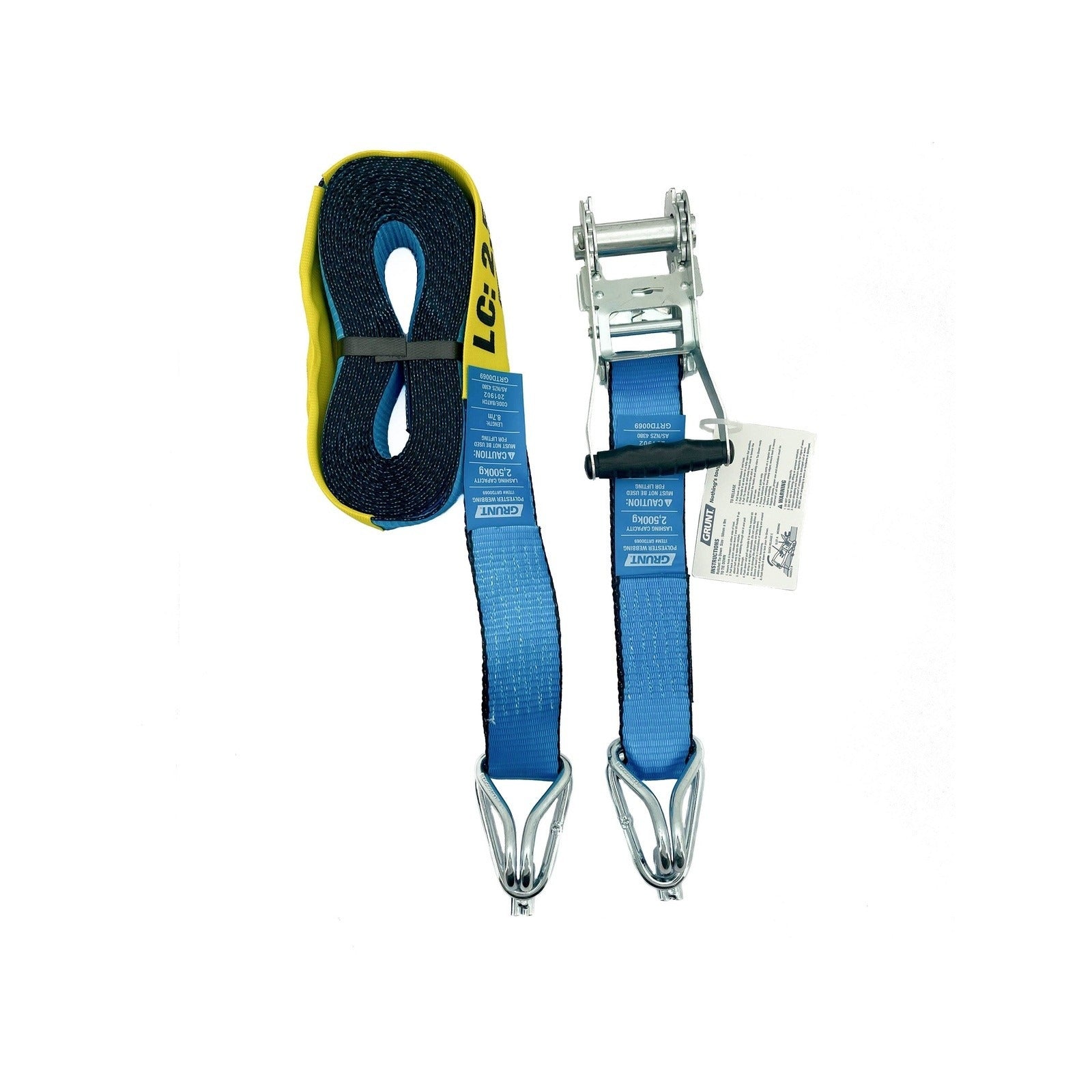 Ratchet strap with blue webbing and metal ratchets on a white background - 2.5t GRUNT 50mm x 9m Ratchet Tie Down
