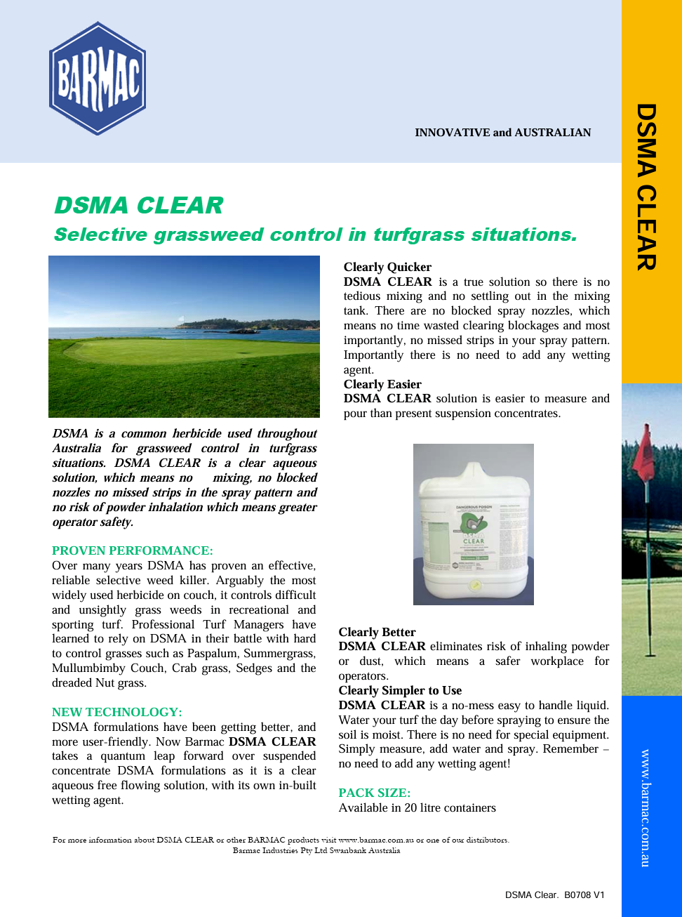 Advertisement for DSMA CLEAR grassweed control product by Barmac with text and images of a field and product packaging.