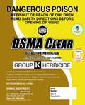 Herbicide label for DSMA Clear Selective Herbicide with Barmac branding on a yellow and brown background.