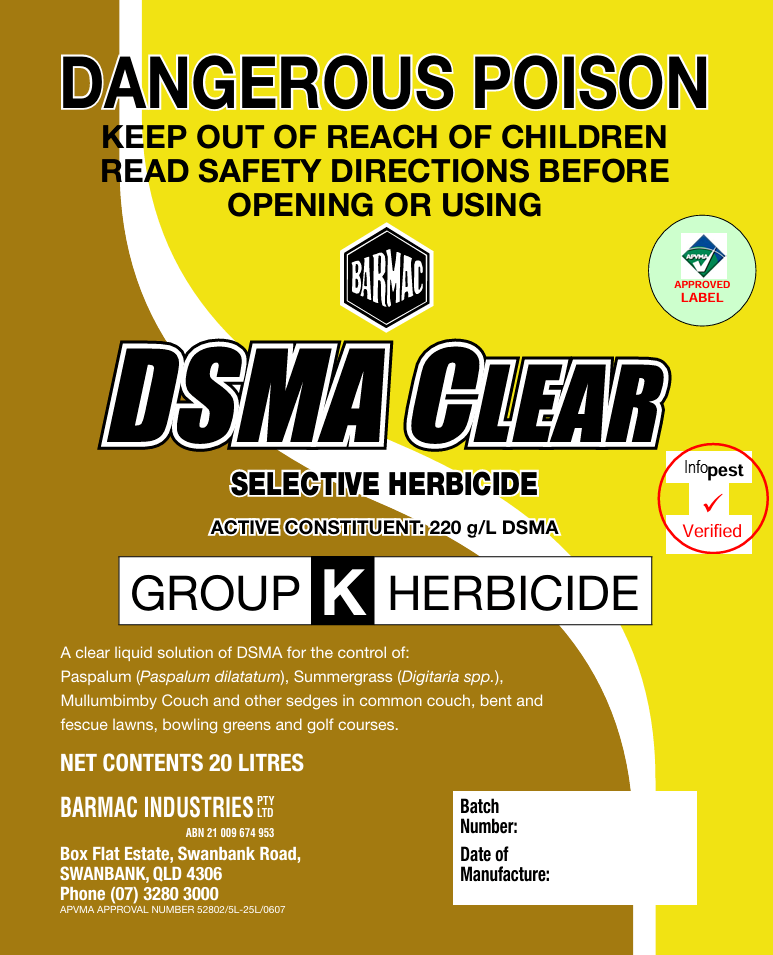Herbicide label for DSMA Clear Selective Herbicide with Barmac branding on a yellow and brown background.