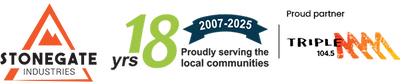 Stonegate Industries logo with 18 years of service text and Triple 104.3 logo.
